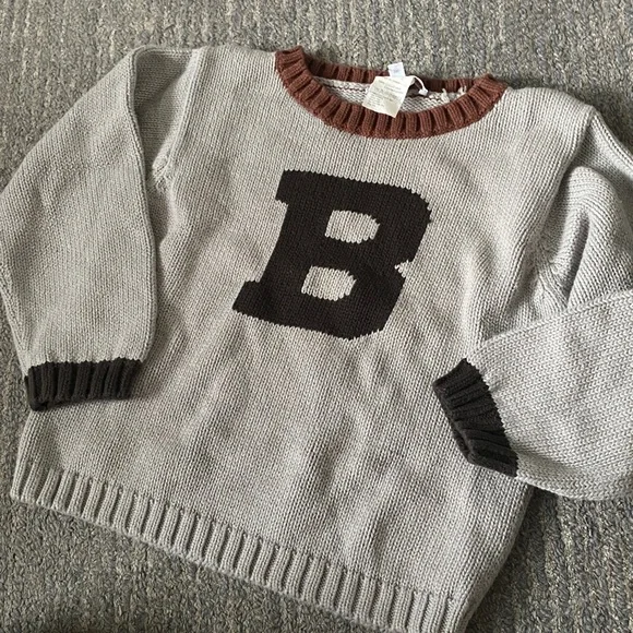 BONPOINT Letter-Graphic Crewneck Sweater in Light Gray with Brown Trim - Picture 2 of 4